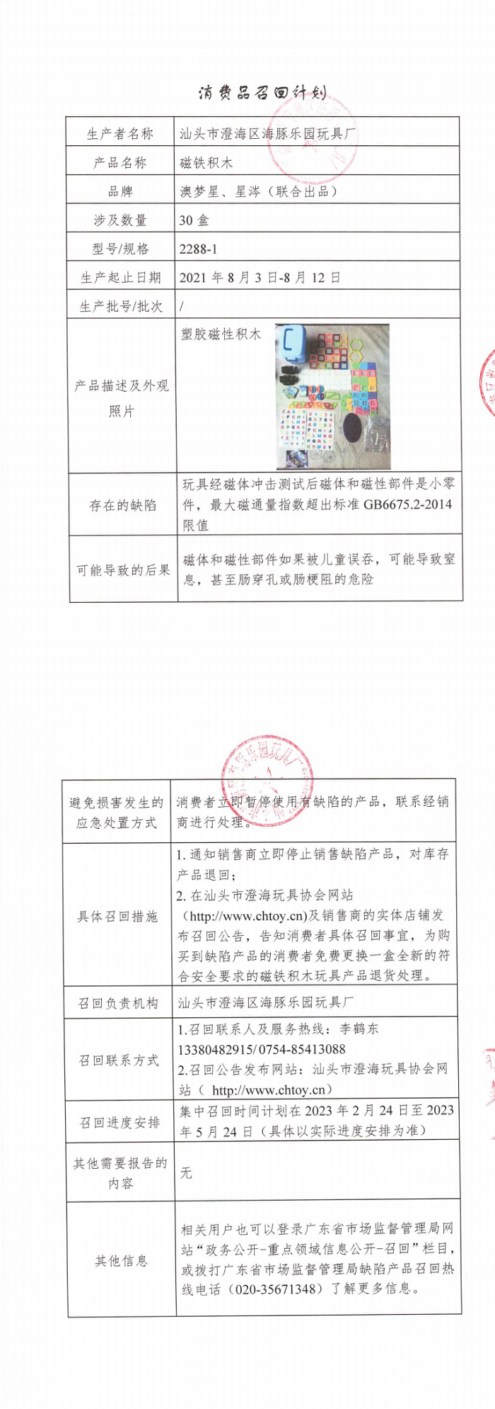 国内消费品召回公告